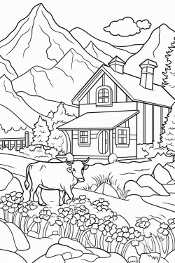 switzerland landscape with a quaint stone house surrounded by flowers and a cypress tree cows graze in lavender fields