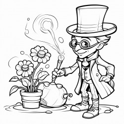 steampunk pest doctor watering flower in a graveyear