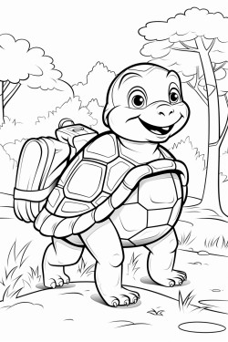 turtle is in a forest with trees his backpack lies on the ground mouse named milo stands nearby