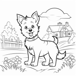 create a coloring book of a simple anime dog on a farm