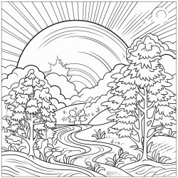 forest with rainbow and sun