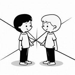 simplest coloring page of two children talking to each other use simple geometric shapes