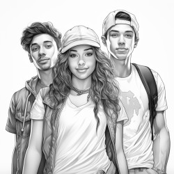 draw a friends group 2 older teen boys and 1 teen girl who is around 15