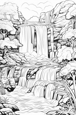 a cascading waterfall that glows with mystical light surrounded by fairies playing in water