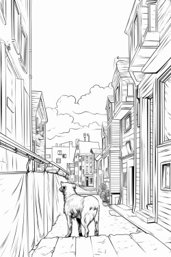 dog run between buildings bw white background