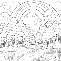 a magical forest landscape with a rainbow
