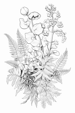 a delicate arrangement of bluebells and ferns on white background