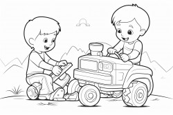 two boys playing with toy tractors