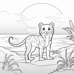 sunset coluring page over the ocean with a cheetah on the beach