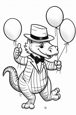 an alligator holding balloons dancing with a zebra at a tea party in a simple coloring book style