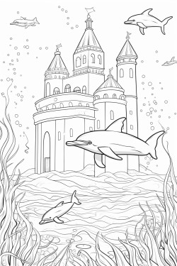 underwater castle and playful dolphins