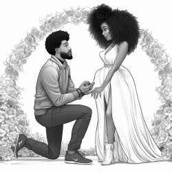a black man on his knees proposing to a beautiful black woman with an afro