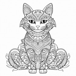 cat with mandala and ornate patterns thick black outline