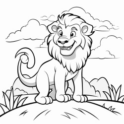 un lion majestueux assis sur une colline avec un coucher de soleil derrire lui