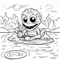 an alien laying down a river while eating ice cream