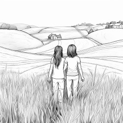 view from behind two kid sisters holding hands walking through a hay field across rolling hillstowards a distant barn
