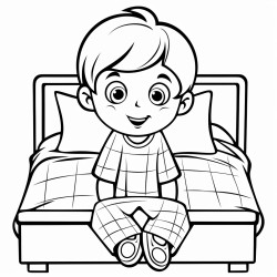 tedy sitting beside a bed with bedsheet square pattern