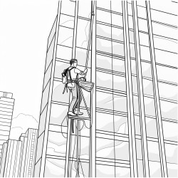 window washer climbing a skyscraper but the top of the skyscraper should be visible