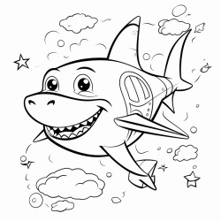 a sharks head on a black and white cats body flying in space