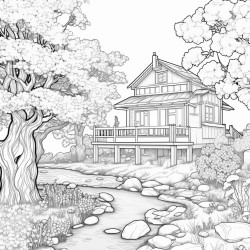 wellwatered garden with cherry blossom in the background and a cottage