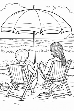 kids at the beach with their supplies by their chair under a umbrella