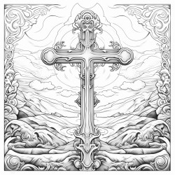create an image of a solemn scene with a prominent cross in the center