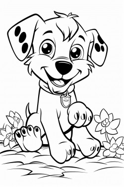 happy puppy surrounded by paw prints