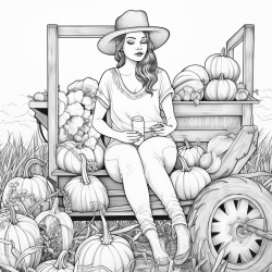 adult woman in jeans and check shirt sitting on a hay wagon which ist loaded with different pumpkins