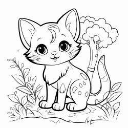 black and white coloring book drawing only thick outlines no grayscale for kids cartoon style cat forest