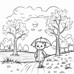 a cute autumn sunset stroll  coloring bookvector white background black and white black drawing
