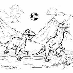 dinosaurs playing soccer in front of a volcano