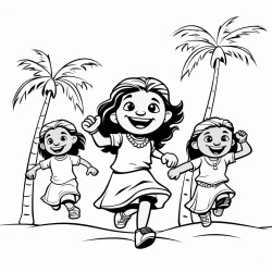a group of three taino children are playing a game of tag one child has a big smile playfully chases after another the third child giggling climbs a nearby palm tree