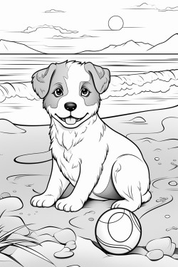 puppy at the beach playing with a ball