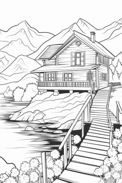 switzerland landscape with a quaint stone house surrounded by flowers wooden dock extending into a lake