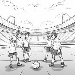 a soccer game in a stadium with four players disputing a match