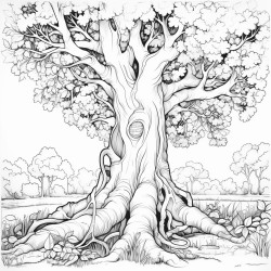 huge oak trees with whimsical vines and leaves wrapping all around it