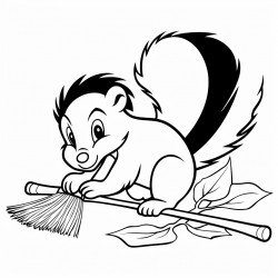 a skunk cleaning the leaves with a broom