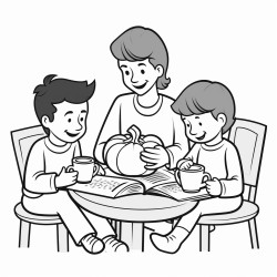 a family of pumpkins reading a newspaper while drinking coffee