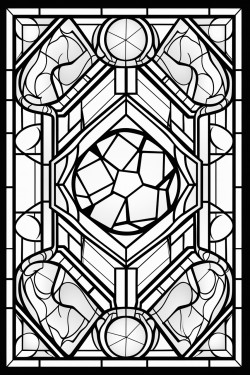 stained glass window with a 20sided dice in the center
