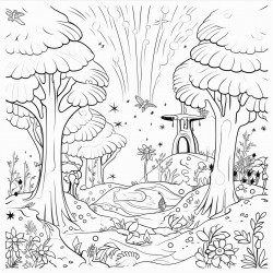 a magical forest with fairies flying among the trees