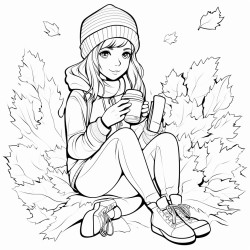 teenage girl sitting in the leaves warmly dressed in autumn clothes with a coffee in one hand and a book in the other