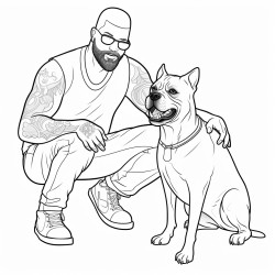 thin punk guy bald with beard playing with male boxer dog with cute chubby woman wearing glasses