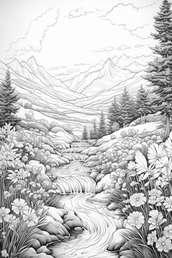 flower meadow with animals and a stream and a sunrise coloring page