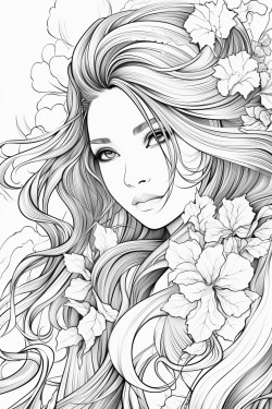 greyscale adult coloring page with manga woman with long hair