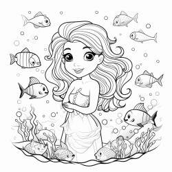 bolt and simpel black and wite coloring page of cute mermaid sarounded by sea creachers and seashells