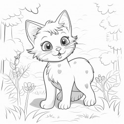 black and white coloring book drawing only thick outlines no grayscale for children in cartoon style cat forest
