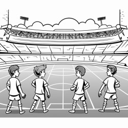 a soccer game in a stadium with four players disputing a match