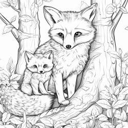 fox and its babies under some trees