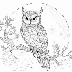 create a blackandwhite coloring page featuring an owl perched on a tree branch at night the owl should have bold clear outlines surrounded by intricate designs of stars a crescent moon and whimsical clouds include simple details like leaves and small forest creatures