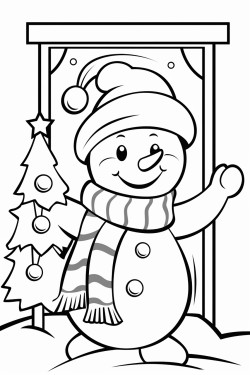 christmas snowman outside the window and behind the christmas tree